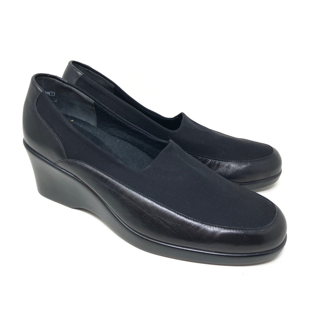 Munro Womens 11 W Kayla Wedge Loafers Black Leather Stretch Pumps
